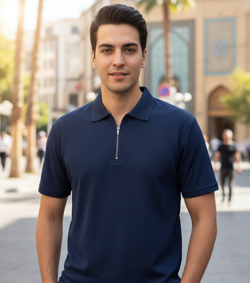 تیشرت مردانه یقه زیپ دار سرمه ای مدل Arban