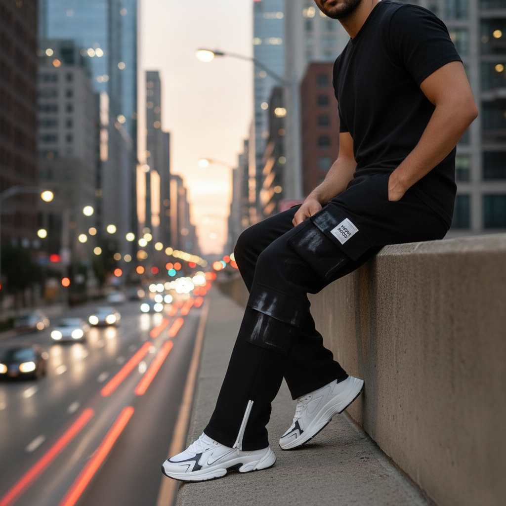 شلوار کارگو شش جیب پایین زیپ مدل sami-مشکی